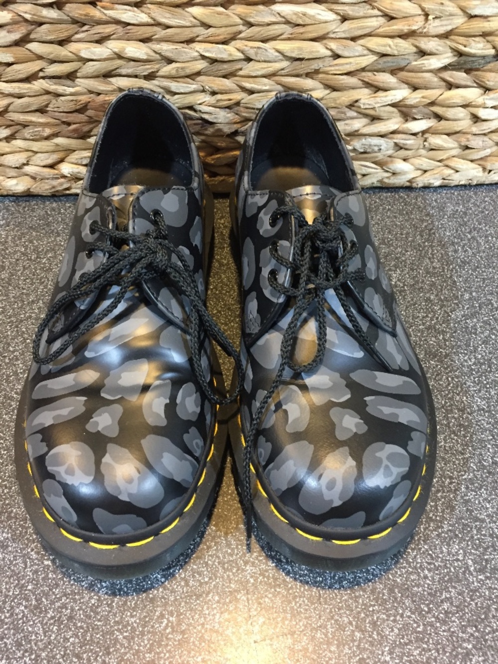 Dr. Martens Black and Gray Leopard Print 3-Eye Oxford Shoes